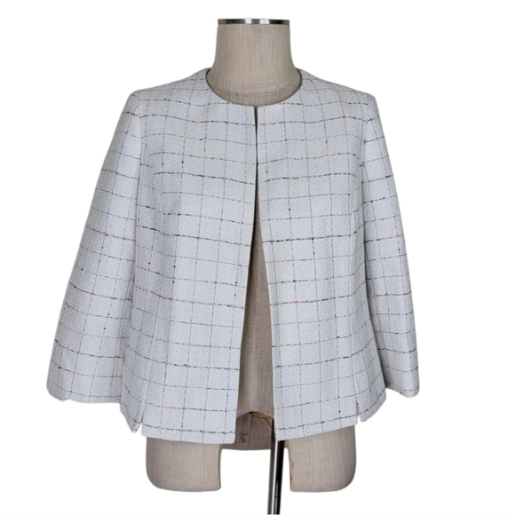 Kasper Blazer Size PM White Windowpane Open Front Silver Metallic 3/4 Sleeve - Picture 1 of 10